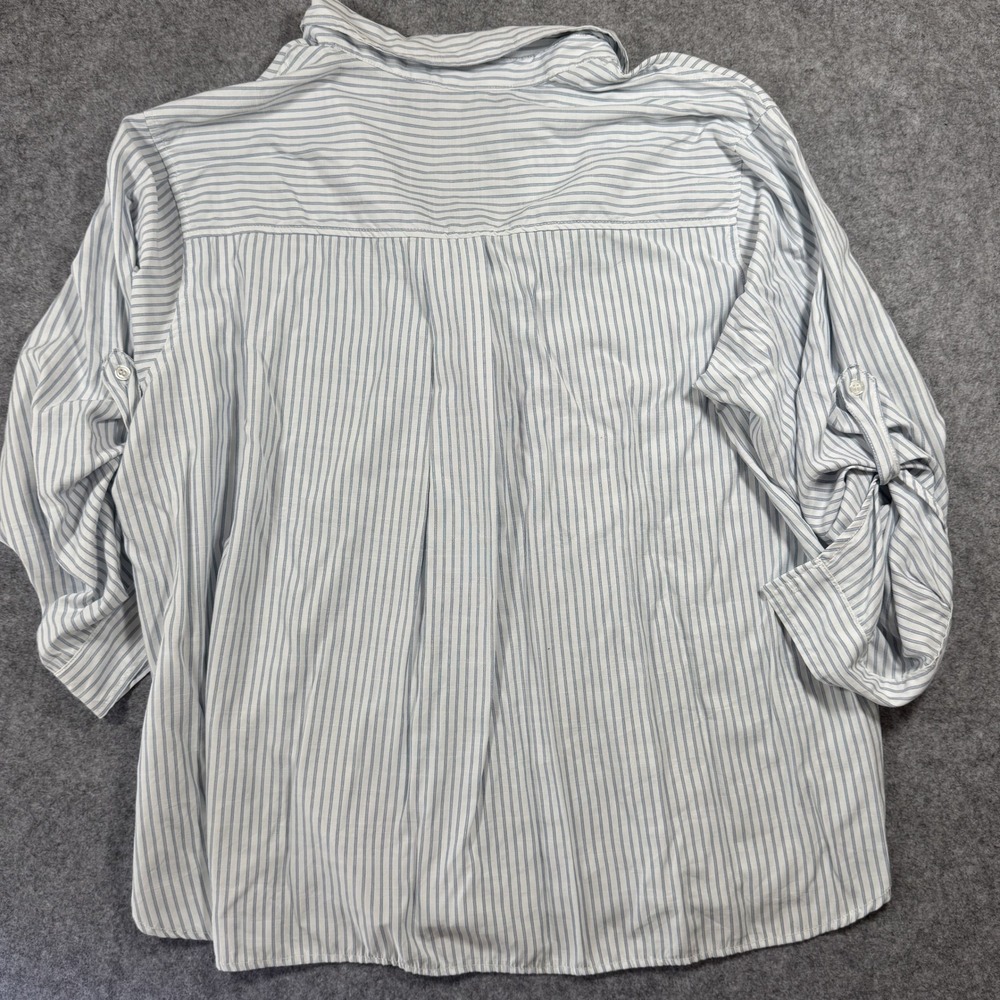 Max Studio London Pinstripe Blouse 2X Blue White Tie Sleeve Button Cuff - Picture 2 of 10
